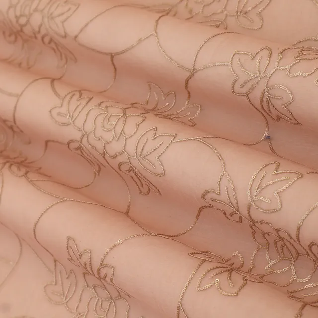 Peach Pink Sequins Embroidery Chanderi Silk Fabric