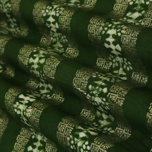 Dark Green Dola Jacquard Floral Batik Print Silver Zari Work Embroidery Fabric
