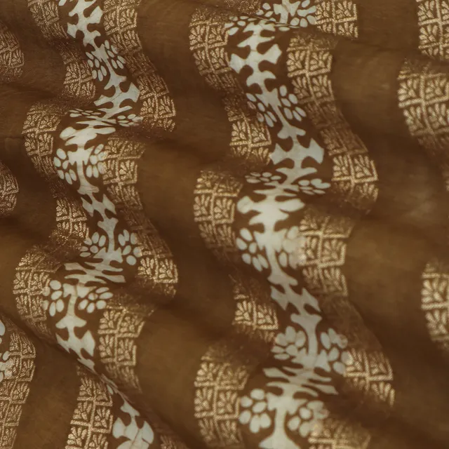 Coffee Brown Dola Jacquard Floral Batik Print Golden Zari Work Embroidery Fabric