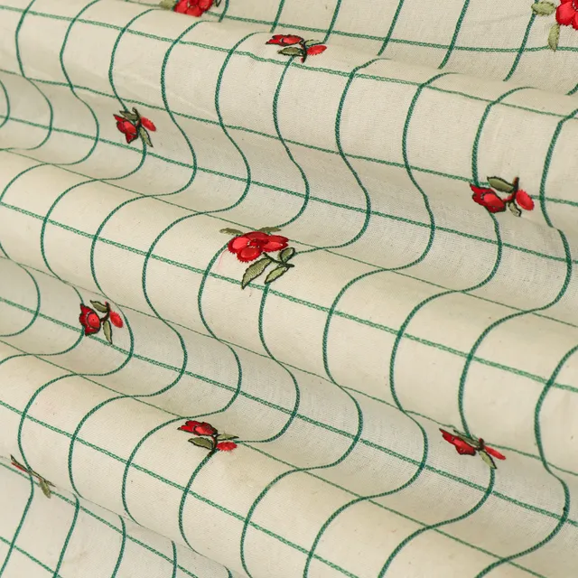 Powder White Cotton Linen Check Print Floral Threadwork Embroidery Fabric