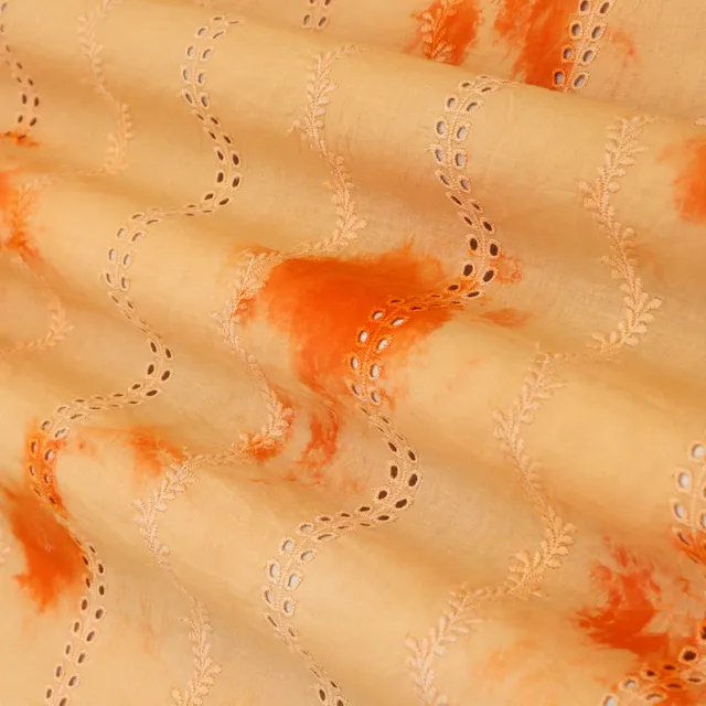 Apricot Cotton Shibori Print Floral Overlay Embroidery Fabric