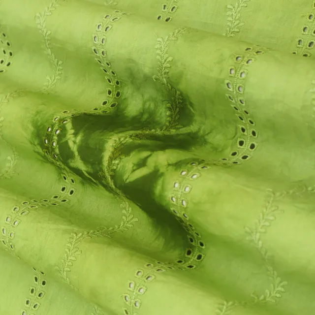 Fern Green Cotton Shibori Print Floral Overlay Embroidery Fabric