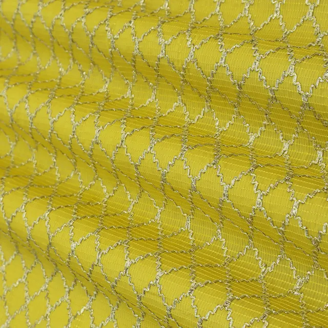 Yellow Kora Silk Chanderi Diamond Pattern Gota Work Embroidery Fabric