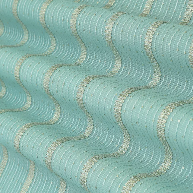 Light Blue Kora Silk Chanderi Gota Work Sequin Embroidery Fabric