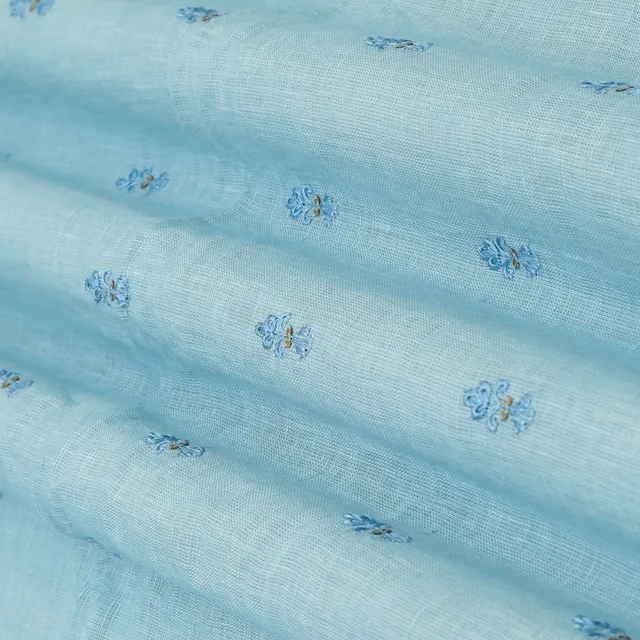 Blue Cotton Linen Floral Threadwork Embroidery Fabric