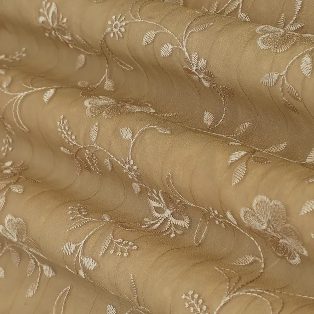 Tan Brown Tissue Threadwork Floral Embroidery Fabric