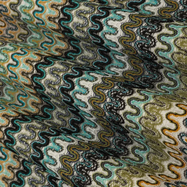 Navy BLue Multitoned Zig Zag Print Crochet-Crosia Shimmer Fabric