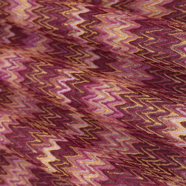 Plum Purple and Multicoloured Zig Zag Print Crochet-Crosia Shimmer Fabric