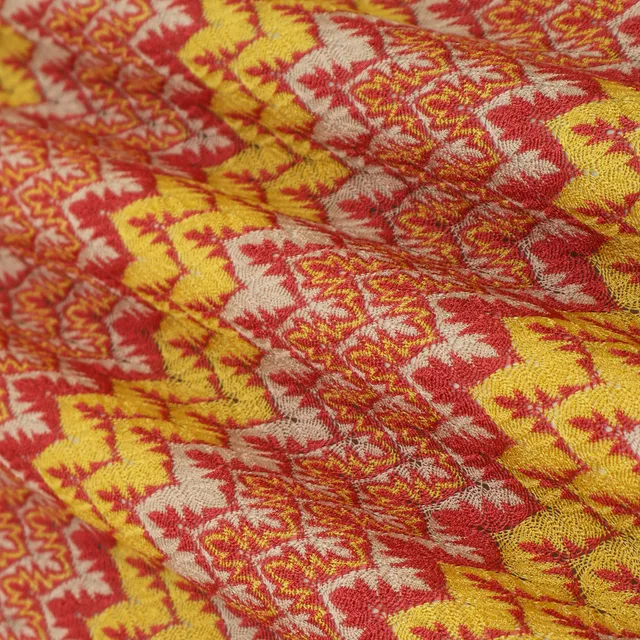 Scarlet Red and Yellow Zig Zag Print Crochet-Crosia Fabric