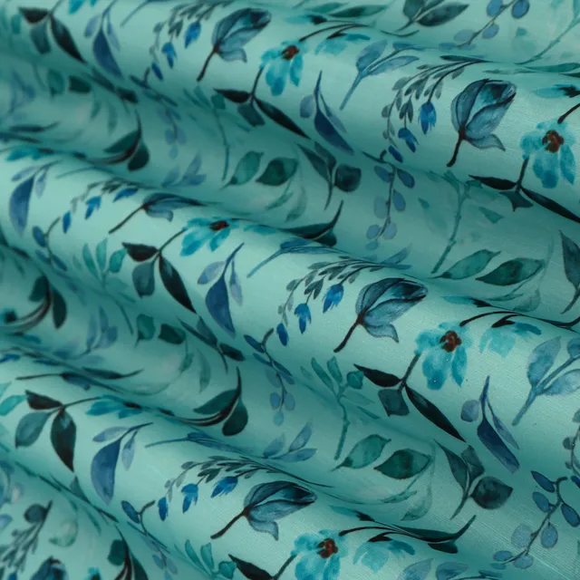 Sky Blue Linen Satin Floral Print Fabric