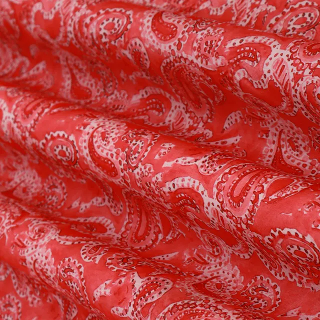 Desire Red Linen Satin Floral Print Fabric