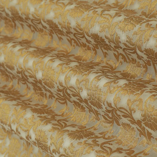 Faded White Khaddi Georgette Heavy Floral Golden Zari work Fabric