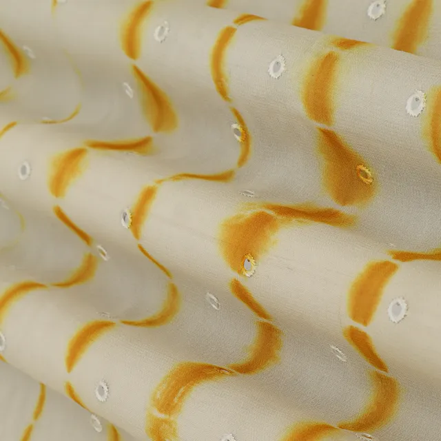 Yellow & White Georgette Mirror Work Shibhori Embroidery Fabric