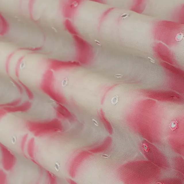 Light Pink & White Georgette Mirror Work Shibhori Embroidery Fabric