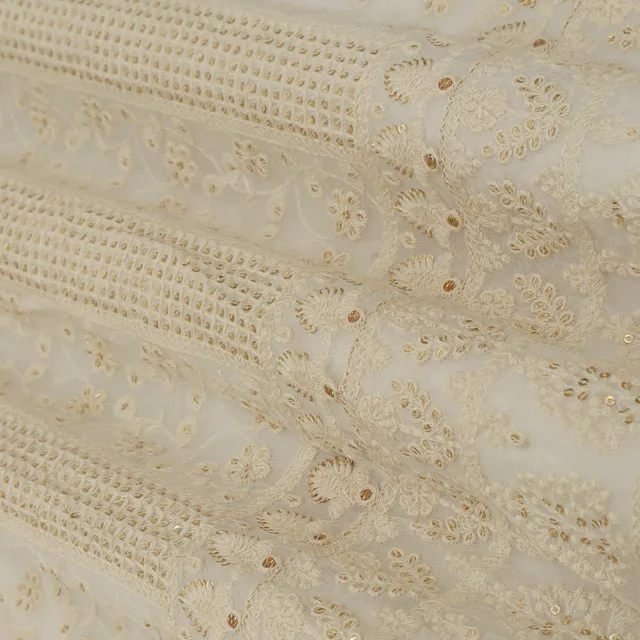 Off White Georgette Floral Threadwork Sequin Embroidery Fabric