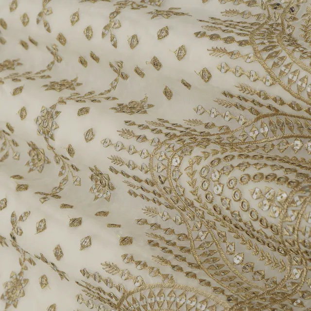 Ivory Georgette Golden Floral Threadwork Sequin Embroidery Fabric