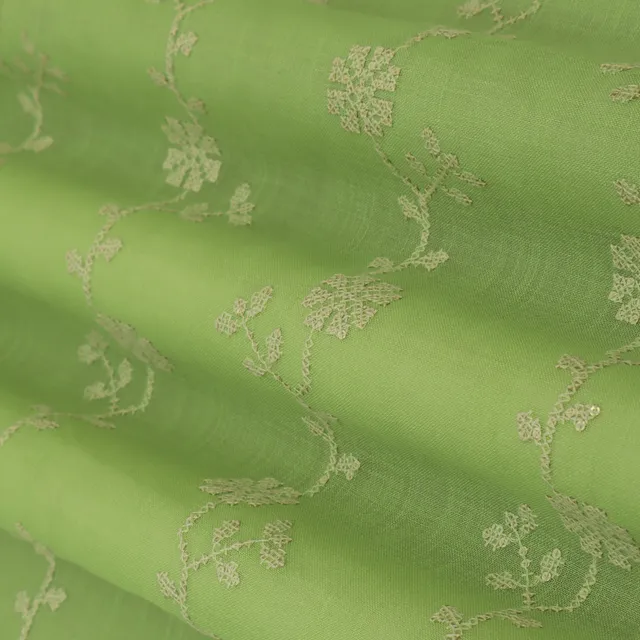 Parrot Green Linen Floral Threadwork Sequin Embroidery Fabric