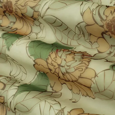 White and green Floral Print Organza Fabric
