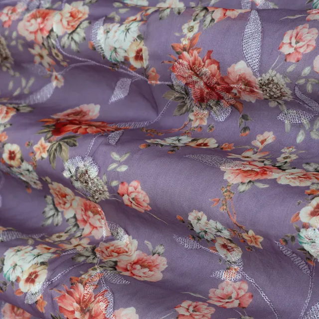 Lavender Purple with Floral Print Embroidery Organza Fabric