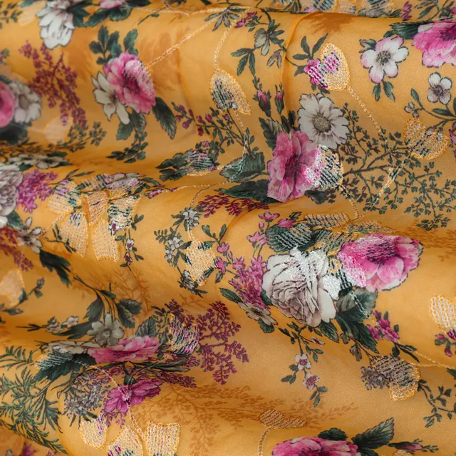 Canary Yellow with Floral Print Embroidery Organza Fabric