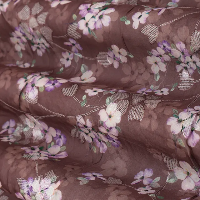 Plum Purple with Floral Print Embroidery Organza Fabric