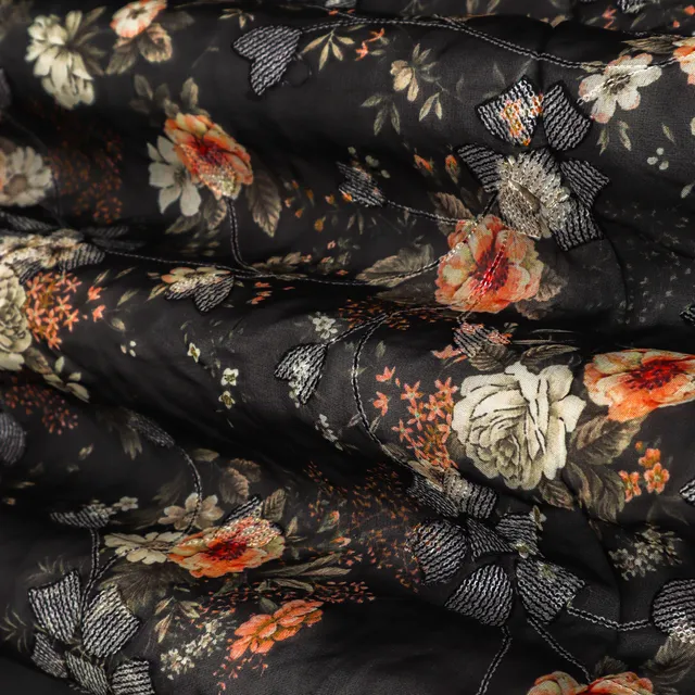 ASh Black with Floral Print Embroidery Organza Fabric