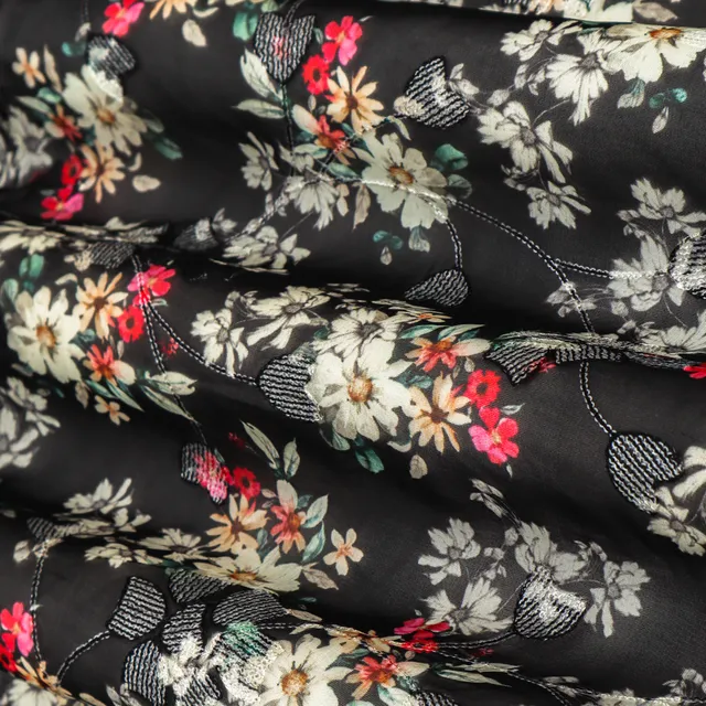 ASh Black with Floral Print Embroidery Organza Fabric