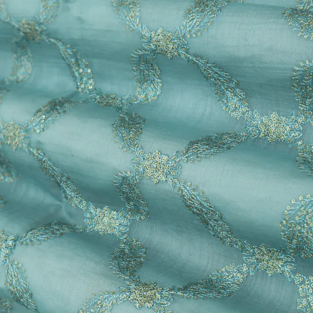 Baby Blue Threadwork Embroidery Chanderi Fabric