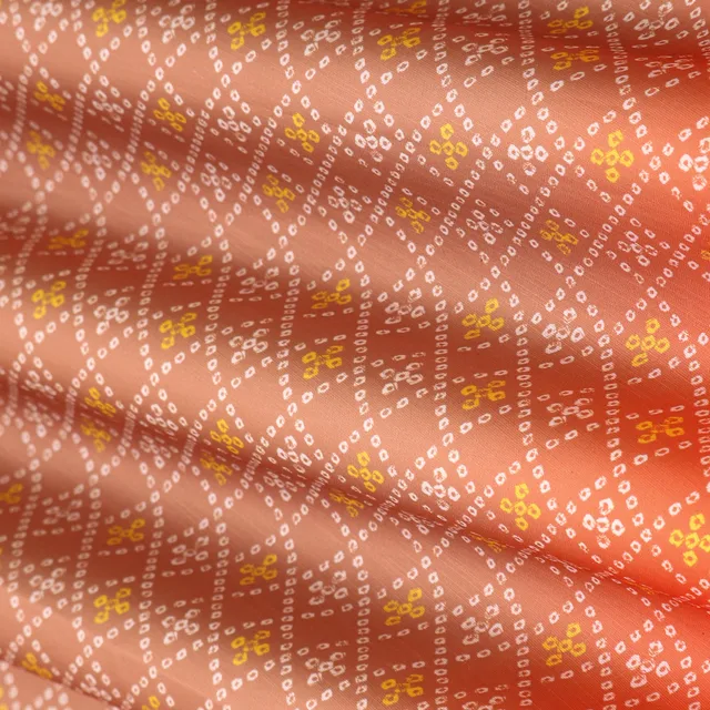 Beige and Orange Print Linen Satin Fabric