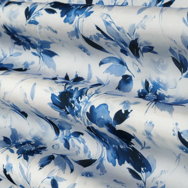 Pristine White with Blue Print Georgette Satin Fabric