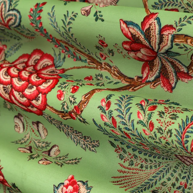 Mint Green Floral Print Georgette Satin Fabric