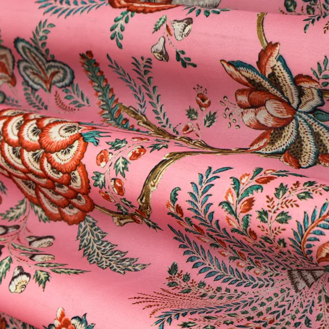 Flamingo PInk Floral Print Georgette Satin Fabric