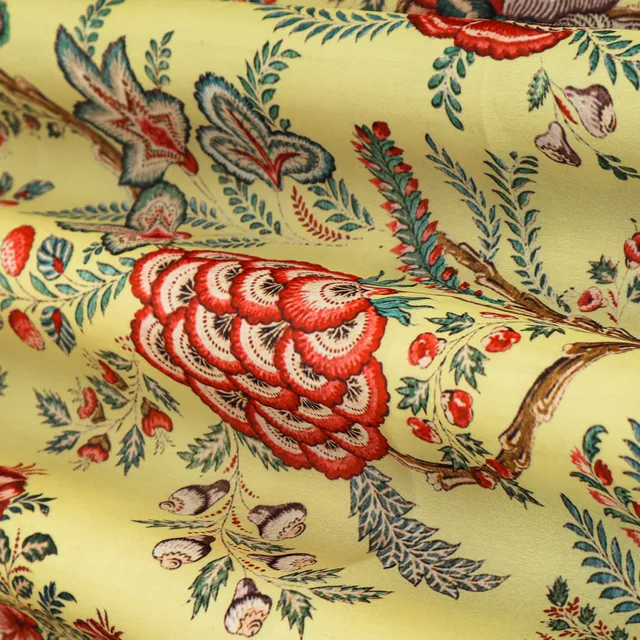 Canary Yellow Floral Print Georgette Satin Fabric