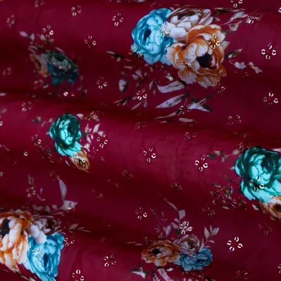 Magenta Pink Floral Print Tabby Silk Fabric