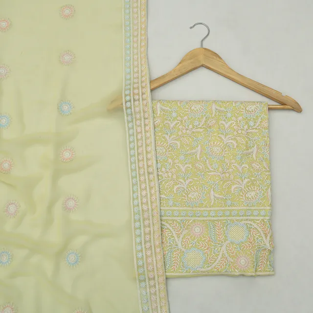 Lemon Yellow Embroidery Unstitched Kurta and Dupatta Suit Set