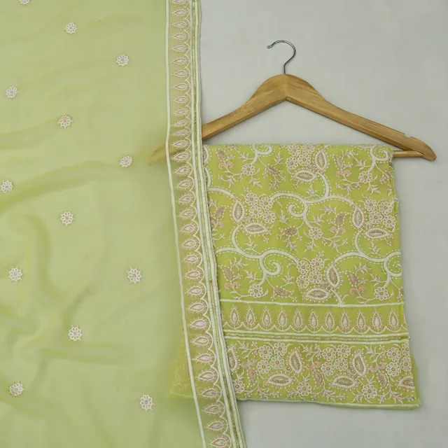 Lemon Yellow Embroidery Unstitched Kurta and Dupatta Suit Set
