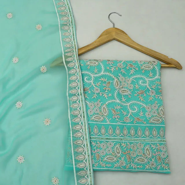 Sky Blue Embroidery Unstitched Kurta and Dupatta Suit Set