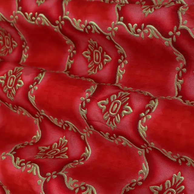 Ruby Red Position Print Embroidery Dola Silk Jacquard Fabric
