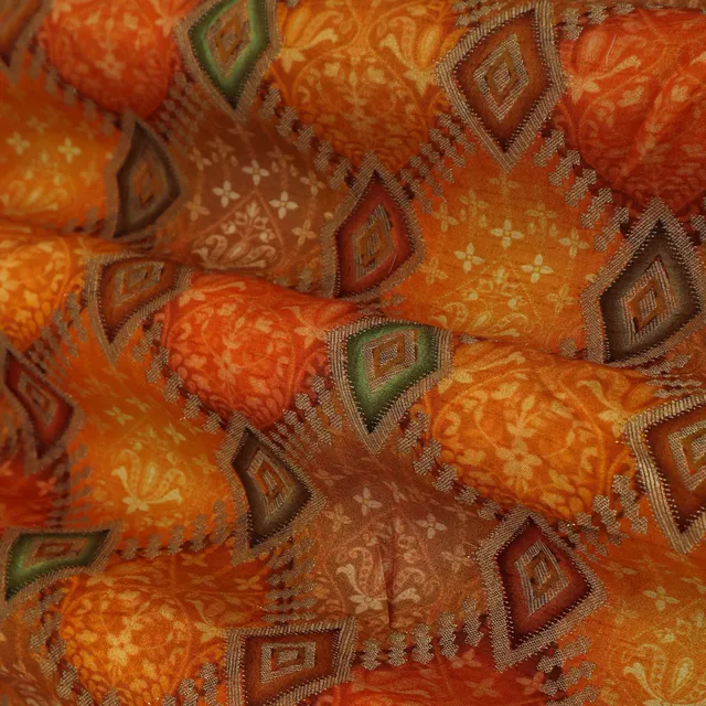 Mustard Yellow Position Print Embroidery Dola Silk Jacquard Fabric