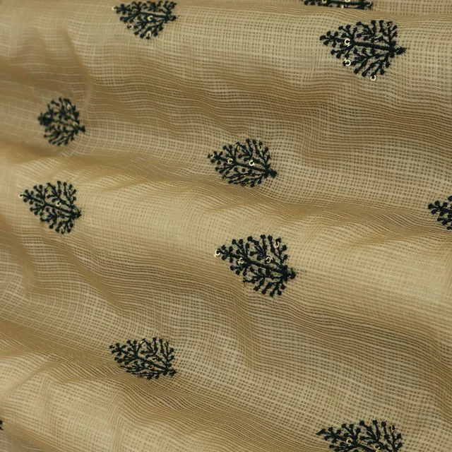 Cream Check Embroidery Cotton Kota Fabric