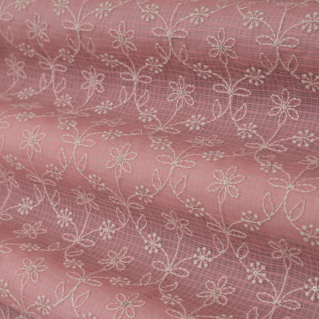Baby Pink Check Embroidery Cotton Kota Fabric