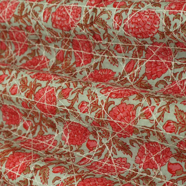 White and Pink Print Embroidery Muslin Fabric
