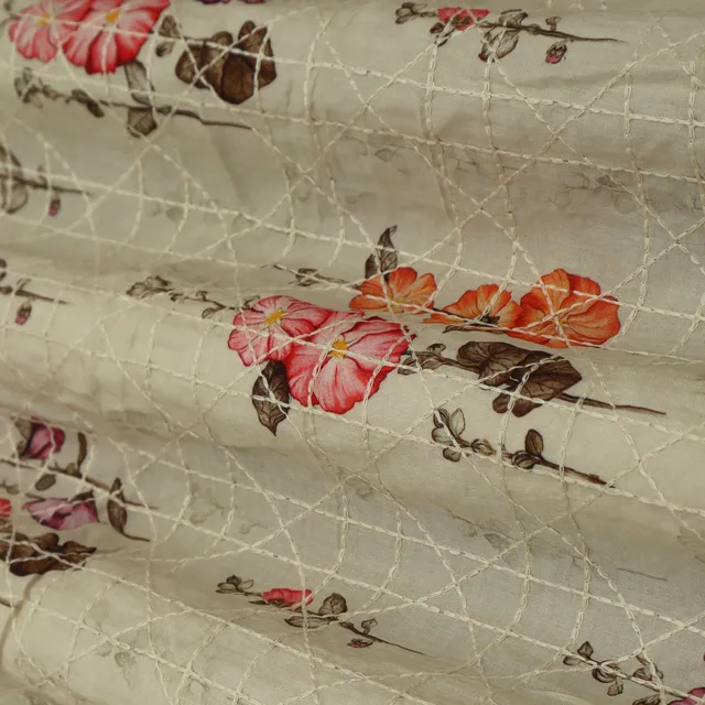 White and Pink Print Embroidery Muslin Fabric
