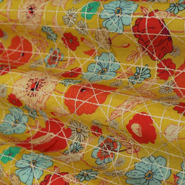 Canary Yellow Print Embroidery Muslin Fabric