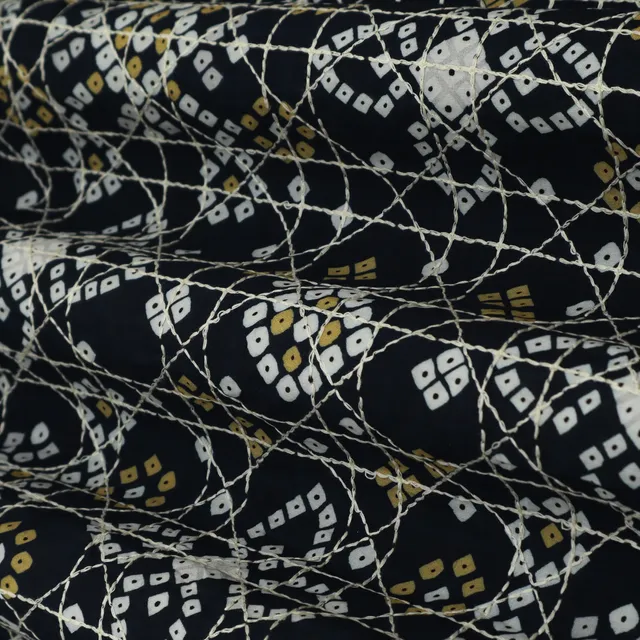 Jet Black Print Embroidery Muslin Fabric