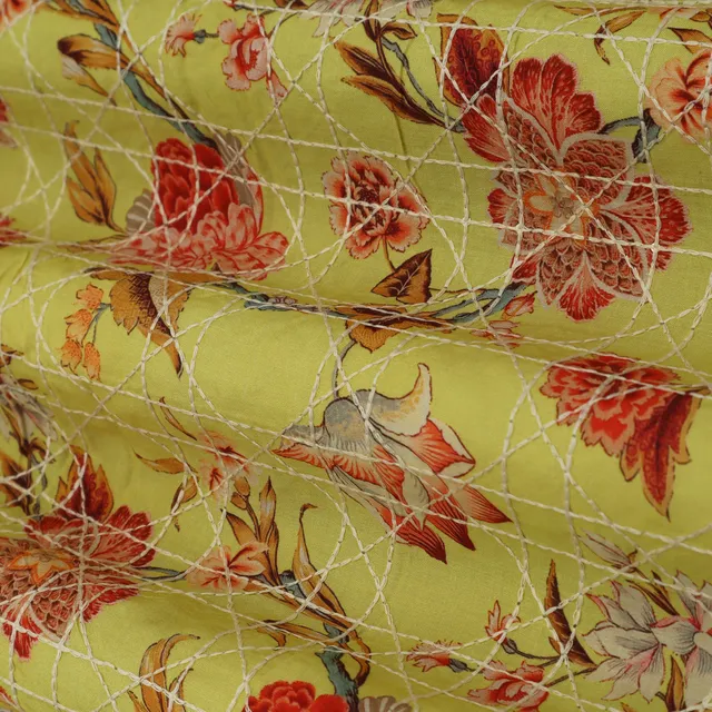 Lemon Yellow Print Embroidery Muslin Fabric