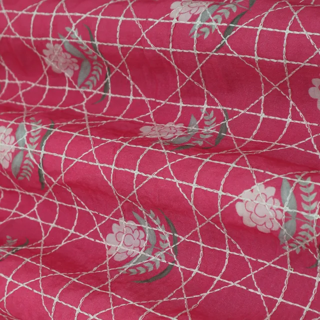 Fuschia Pink Print Embroidery Muslin Fabric