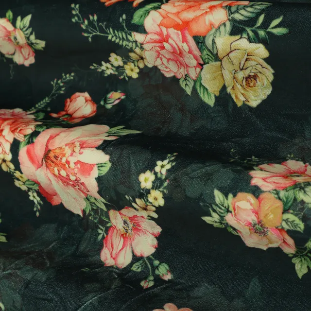Jet Black Multicoloured Floral Print Velvet Fabric