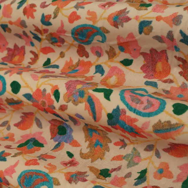 Beige Multicoloured Floral Print Velvet Fabric