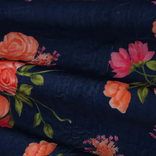 Navy Blue Multicoloured Floral Print Velvet Fabric
